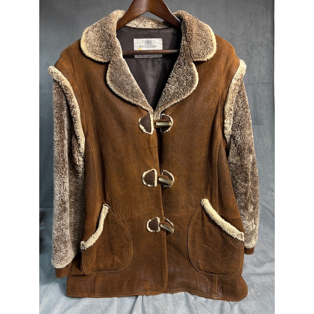 Vtg Aquascutum Faux Fur / Suede Womens Coat Removable Sleeves Toggle MOD 70s 10